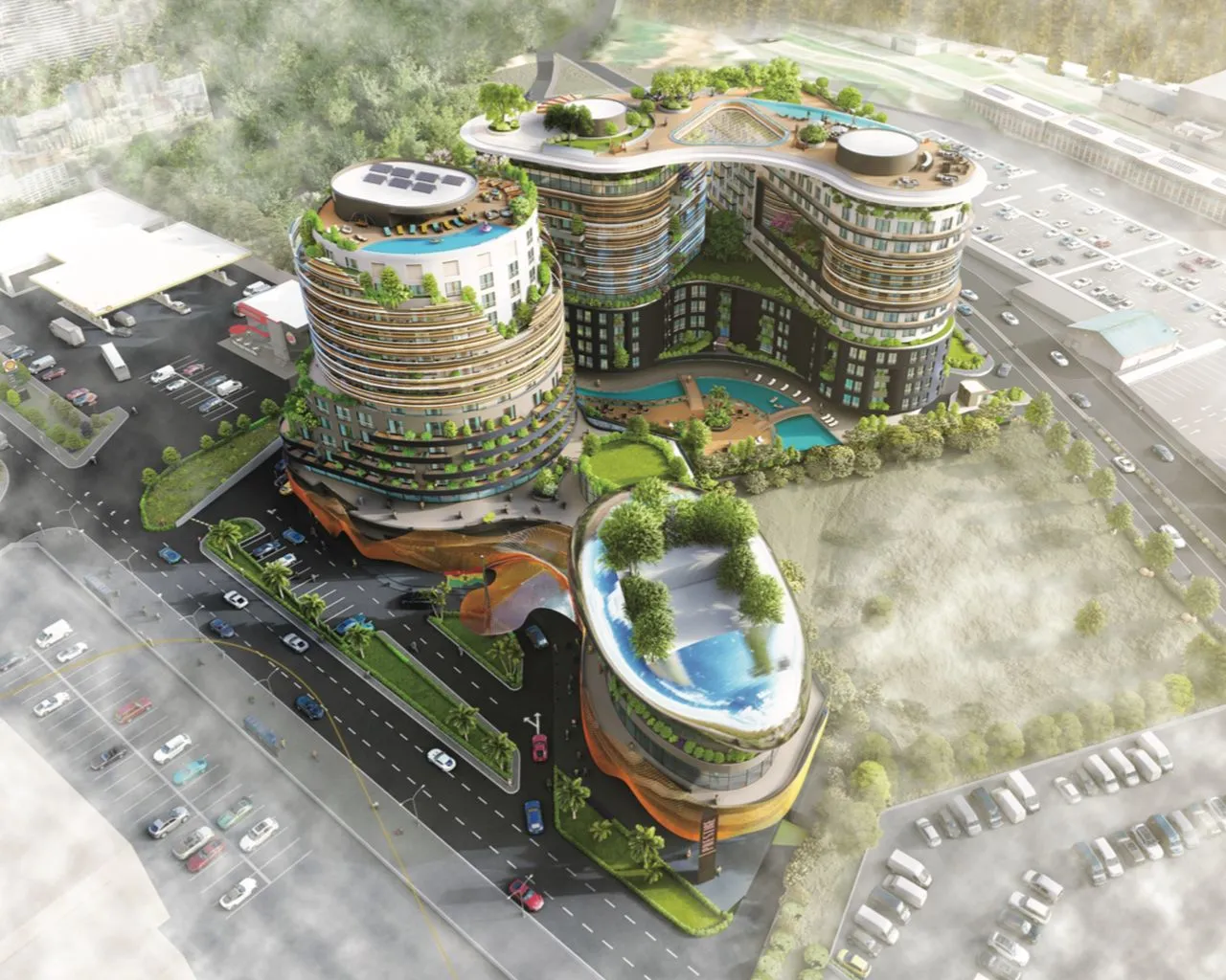 Three towers and a retail podium, set in landscaped grounds