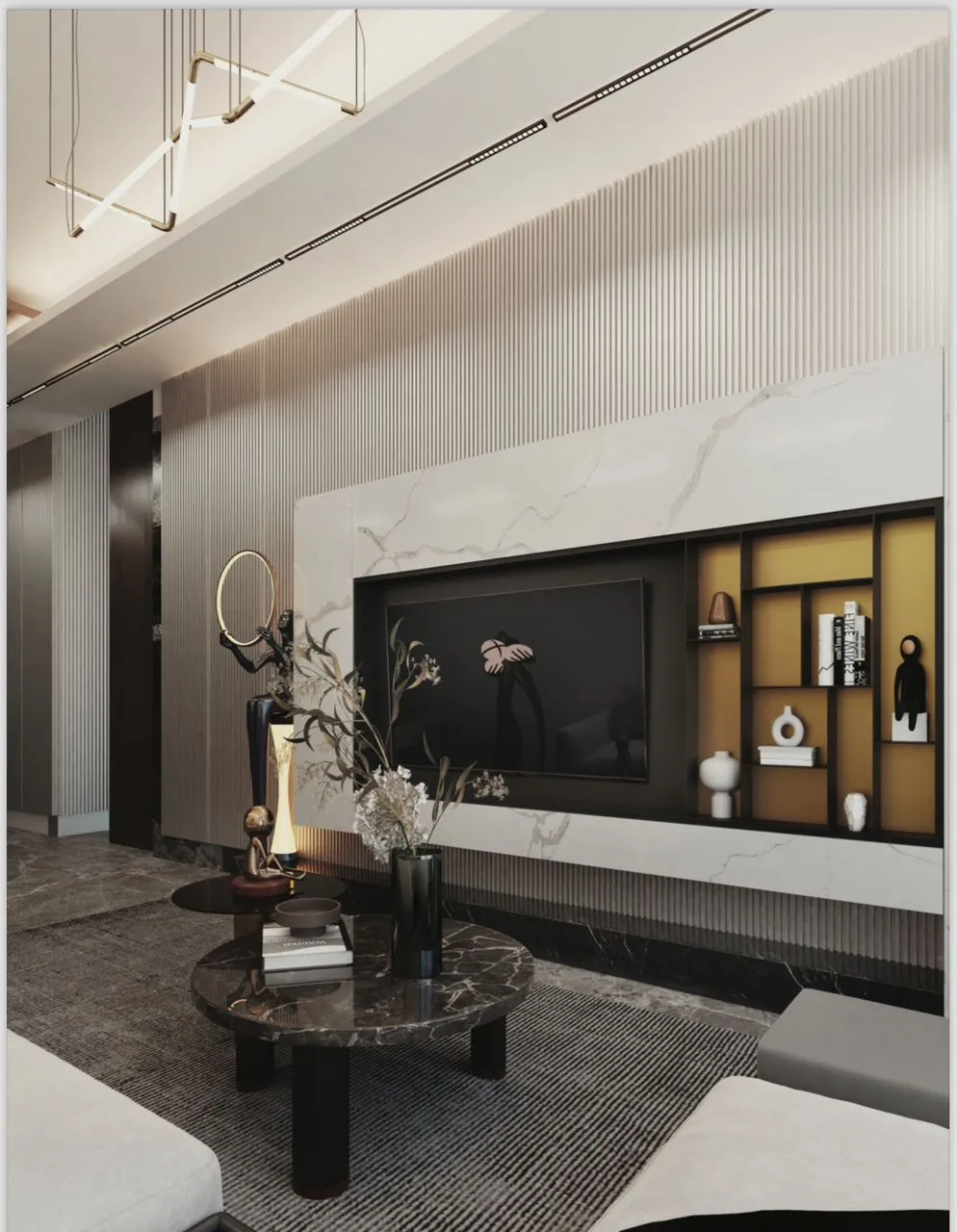 Living spaces with a marble media wall