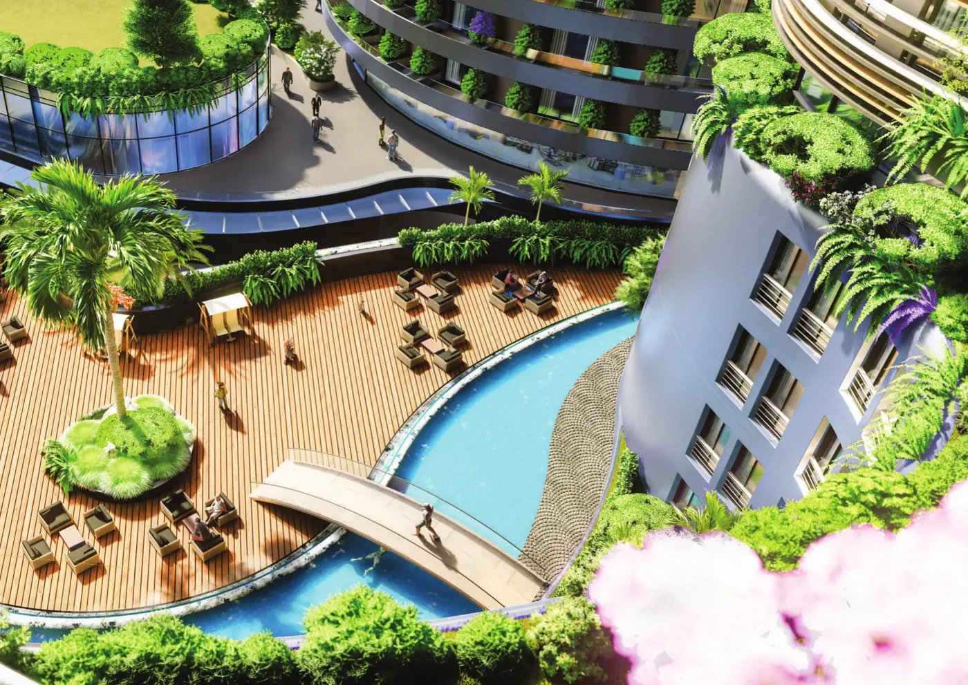 Landscaped pool deck with island lounge and footbridge