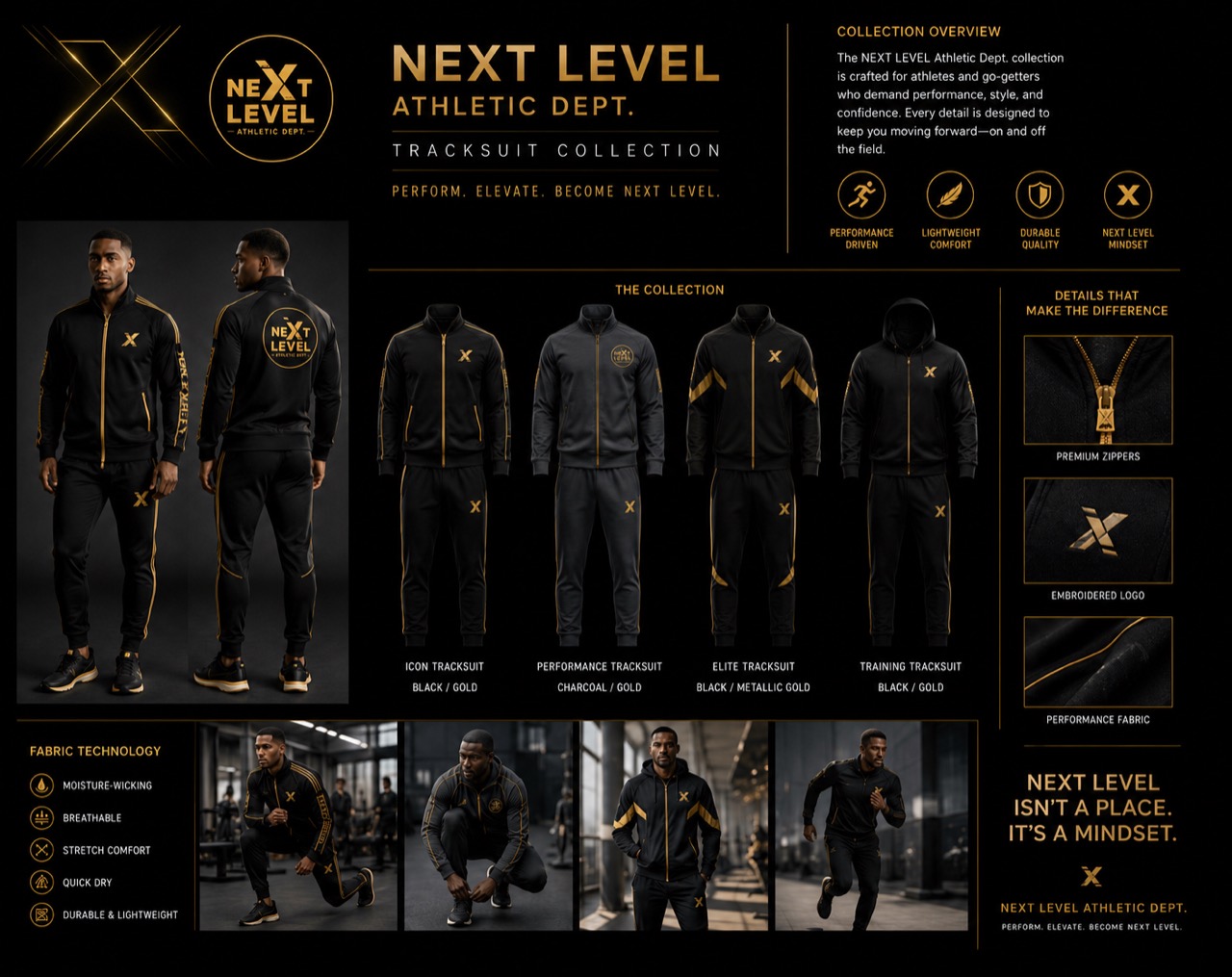 NEXT LEVEL Athletic Dept. — tracksuit collection lookbook (Icon, Performance, Elite, Training)