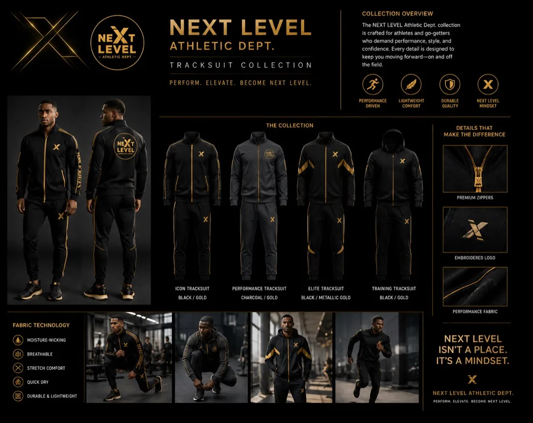 NEXT LEVEL Athletic Dept. — tracksuit collection lookbook (Icon, Performance, Elite, Training)